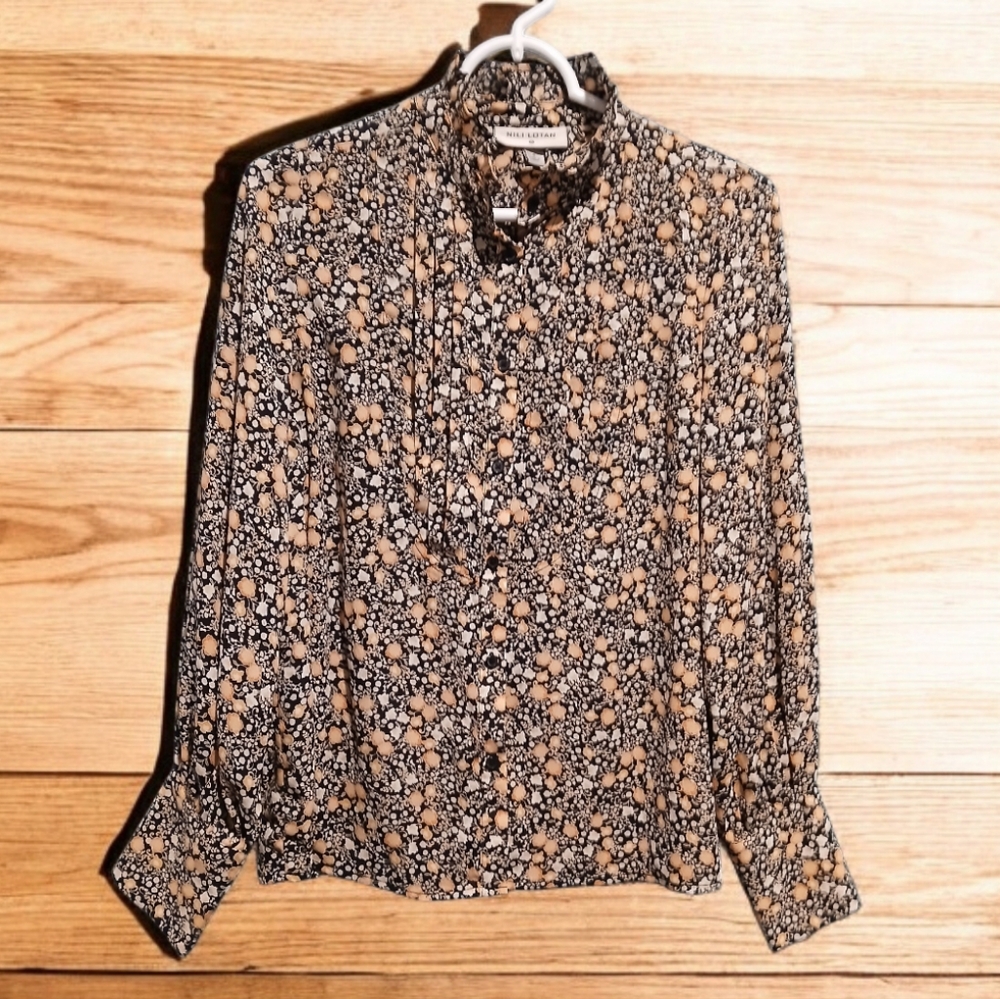 Nili Lotan Black White Yellow Floral Ruffle Long Sleeve Blouse Dark Academia